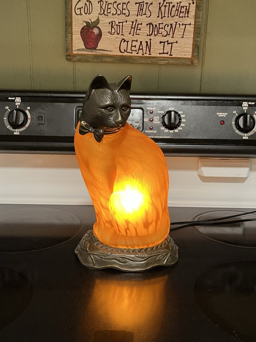 Vintage Andrea by Sadek Tin Chi Cat Tiffany Style Amber Table Lamp