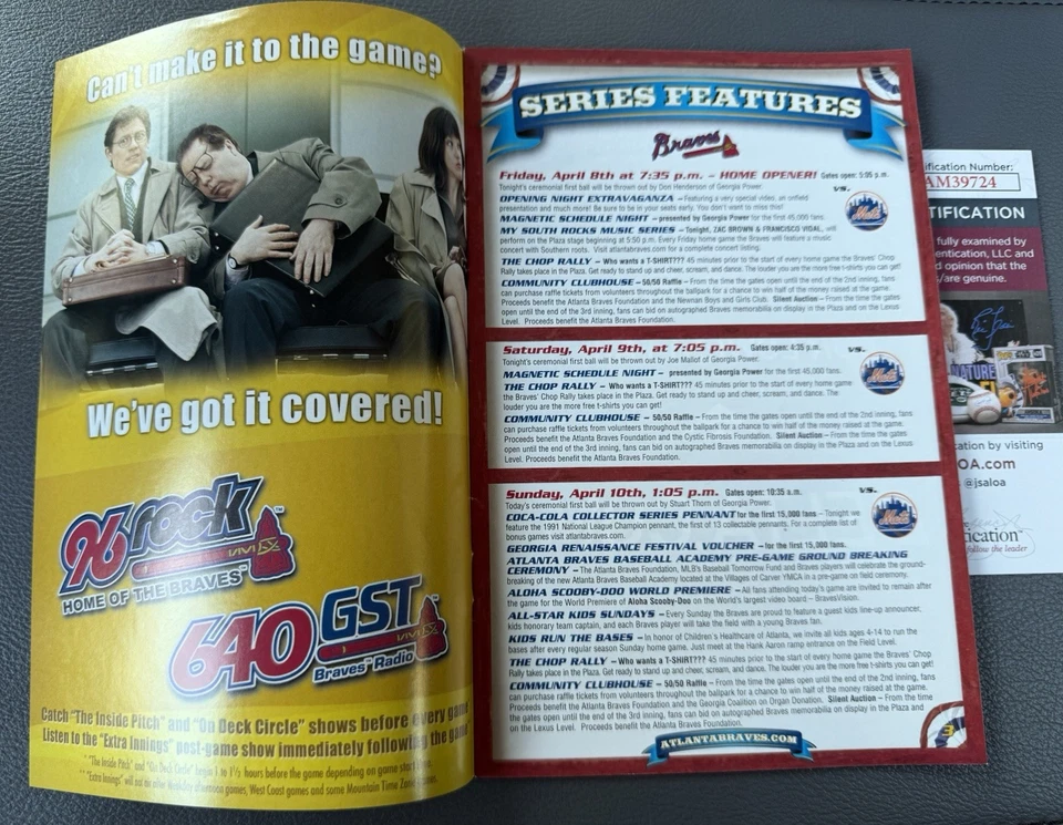 RARE! John Smoltz Signed 2005 Opening Game Day Program Atlanta Braves JSA COA - Image 2 of 3
