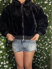 Faux Fur Black Zip Hooded Bomber Jacket Women's