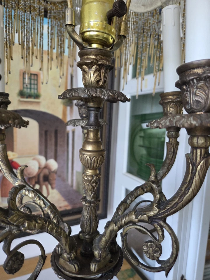 ANTIQUE VICTORIAN CANDELABRA, TABLE CHANDELIER BRONZE & MARBLE LAMP WITH ANGEL - Image 3 of 4