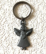 Vintage Keychain ANGEL Key Ring Metal Fob Wings Heart Spiritual Guardian    