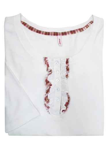 Sheego Ladies White Henley-Neck Red Check Ruffle Trim Jersey Top - BNWOT - 10/12 - Picture 3 of 3