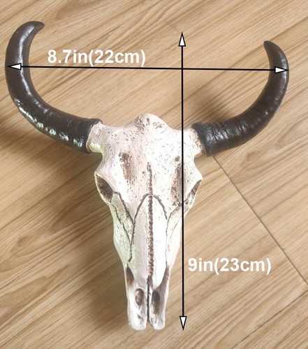 9" Resin Faux Cow Skull Horn Head Mount Steer Wall Hanging Tibetan Feng Shui - Bild 3 von 9