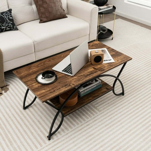 Coffee Table Industrial Rectangular Cocktail Table Storage Shelf Rustic Brown - Picture 5 of 12