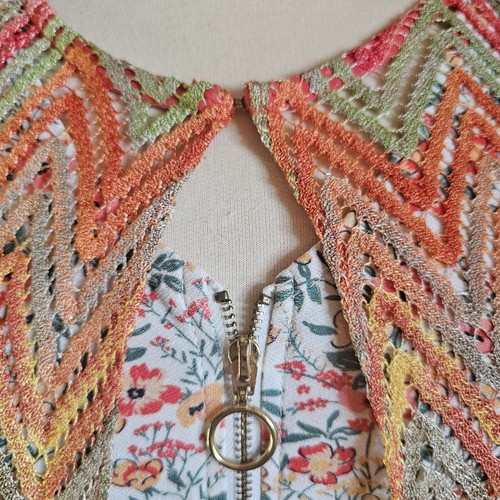Duster Style Open-Knit Cardigan in Bright Orange Pink Green Zig-Zag Pattern - Picture 11 of 16