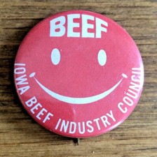Botón Pinback Vintage BEEF Smiley Face Iowa Beef Industry Council 1.25"