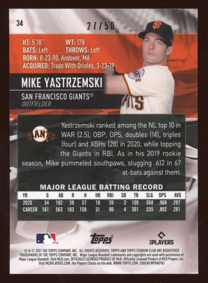 2021 Topps Stadium Club Chrome - MIKE YASTRZEMSKI #272 - GOLD Refractor /50 - Image 2 of 2