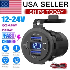 12-24V Dual USB Quick Charge 3.0 Port & PD USB C Car Charger Socket w/ Voltmeter