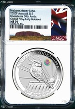 30° Ann. 2020 Kookaburra 1 oz moneta d'argento ORCHID Privy NGC MS70 ANDA ER Aus. LB