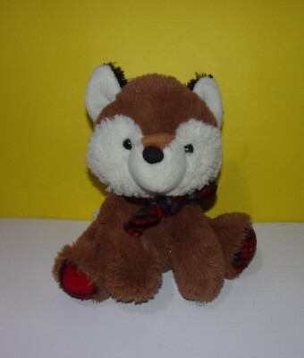 Aurora World Plush Toy Brown Fox Bean Bottom Stuffed Animal plaid Scarf & Paws