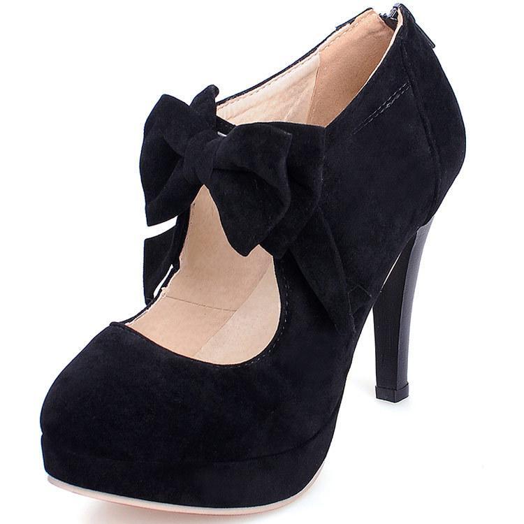 Lolita Bow Round Toe High Heel Ankle Boots for Women Plus Size Back Zipper