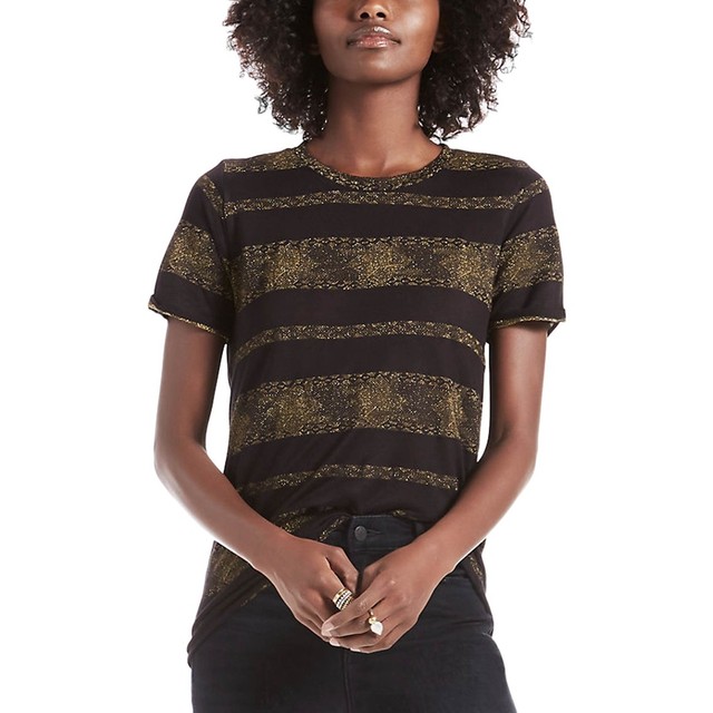 39.50 Lucky Brand Glitter Sparkly Metallic Black and Gold Striped T