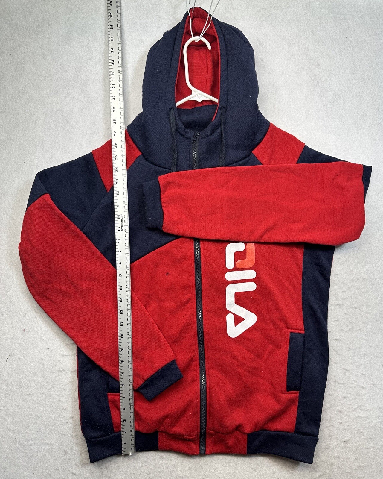 FILA Felpa con cappuccio da uomo doppia cerniera completa blu rossa a maniche lunghe taglia L