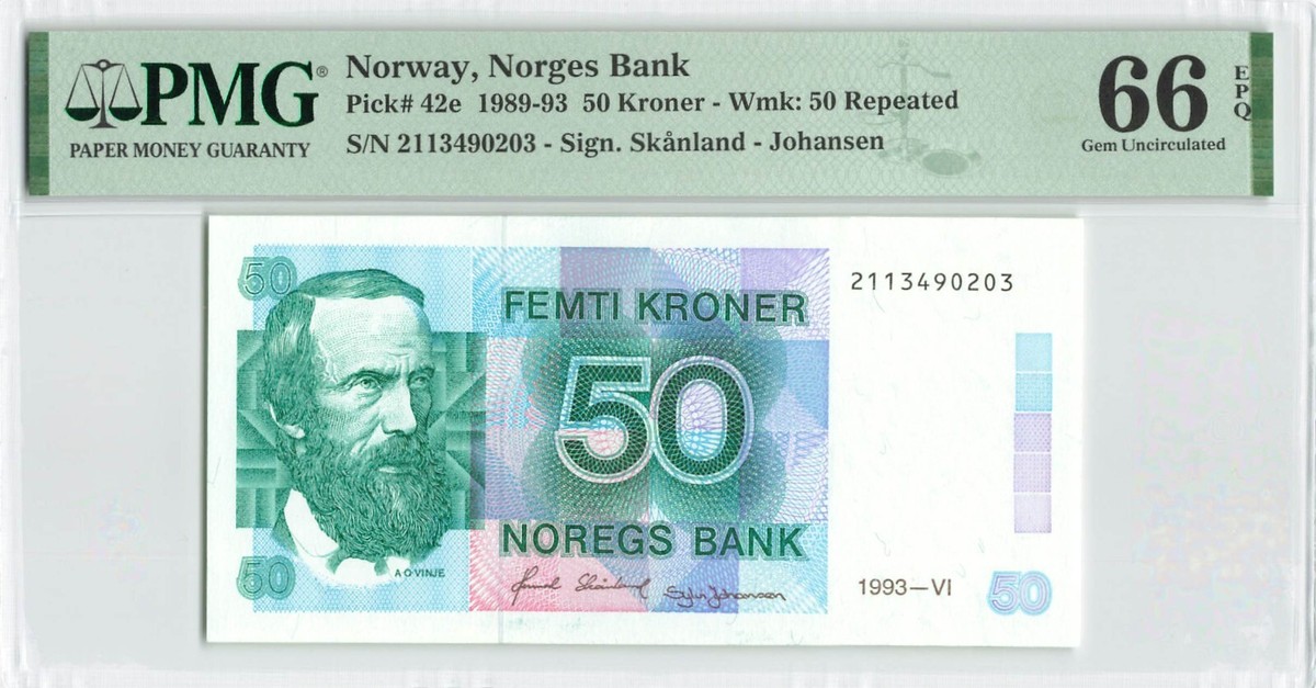 NORWAY 50 Kroner 1977, P-42e Norges Bank, PMG 66 EPQ Gem UNC