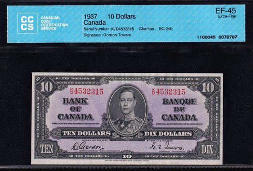 1937 Bank of Canada $10 Certified CCCS EF-45 (BC-24b)