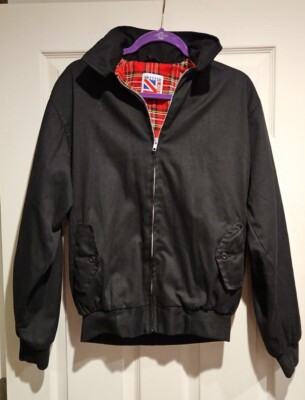 Rare Vtg British Label Black Flight Jacket Zip Up Red Check Flannel Lined L 46