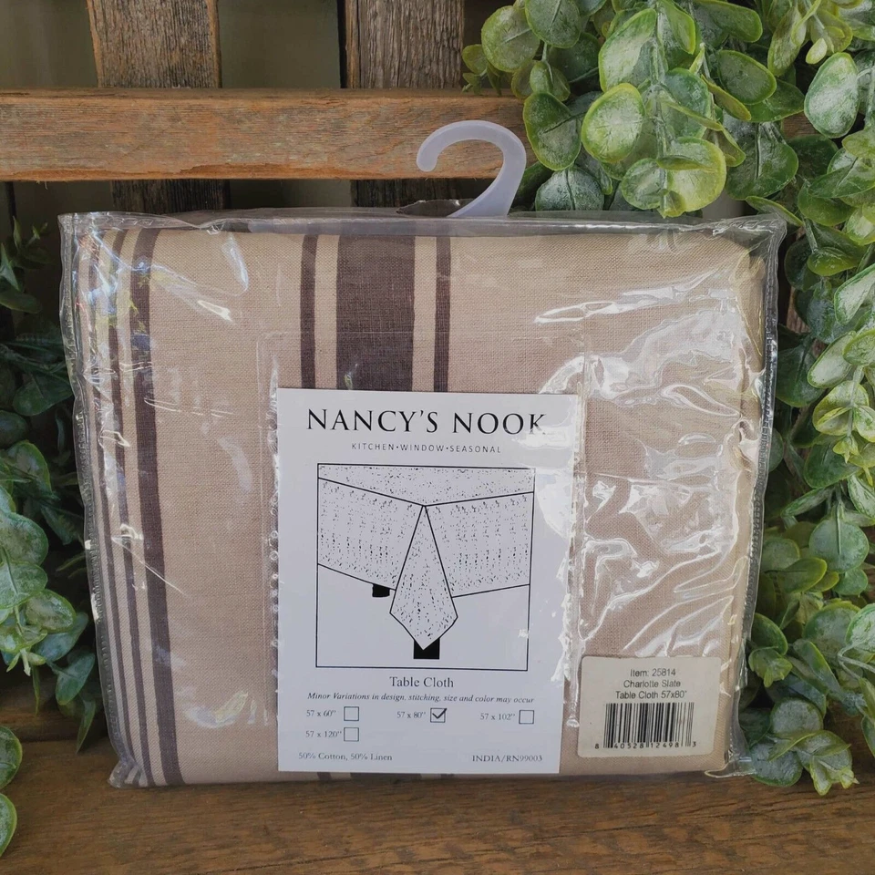 Tablecloth Rectangle 57 x 80 in Grain Sack Stripe Slate Beige Farmhouse Decor - Image 2 of 4