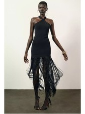 Zara Black Cross-Neck Fringe Evening Dress