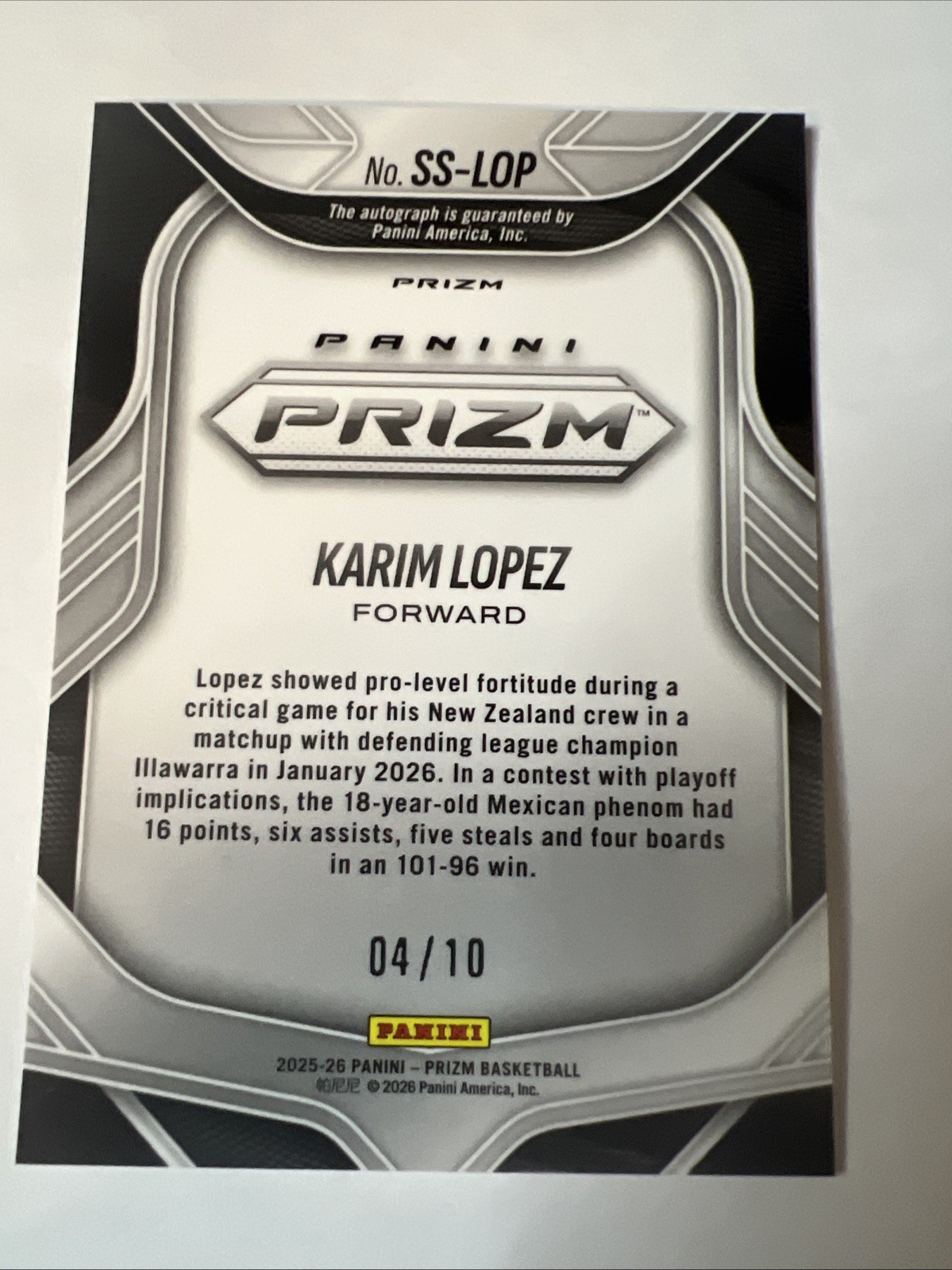 Karim Lopez 2025-26 Panini Prizm Gold Shimmer FOTL Auto /10 #SS-LOP view 2