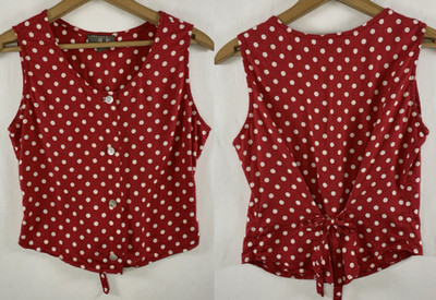 VTG 90s Womens Retro Polka Dot Button Front Tie Back Top S/M Twee Pin Up USA