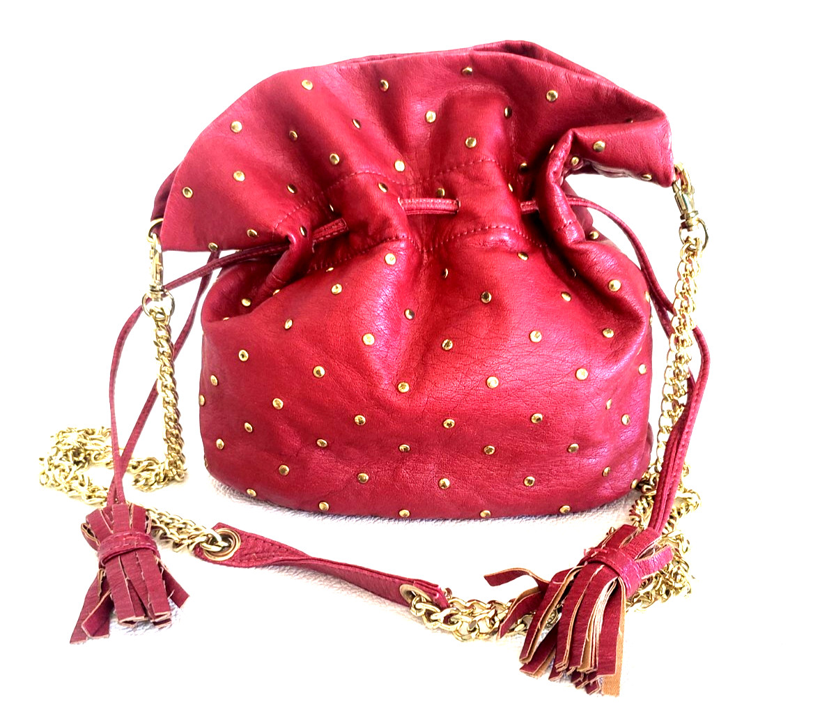 BILLABONG Red Faux Leather Drawstring Shoulder Bag - Gold Metal Strap & Studs View 6