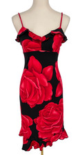 Y2K LaBelle women's size M Rose print Dress Spaghetti Straps v-neck ruffle Black