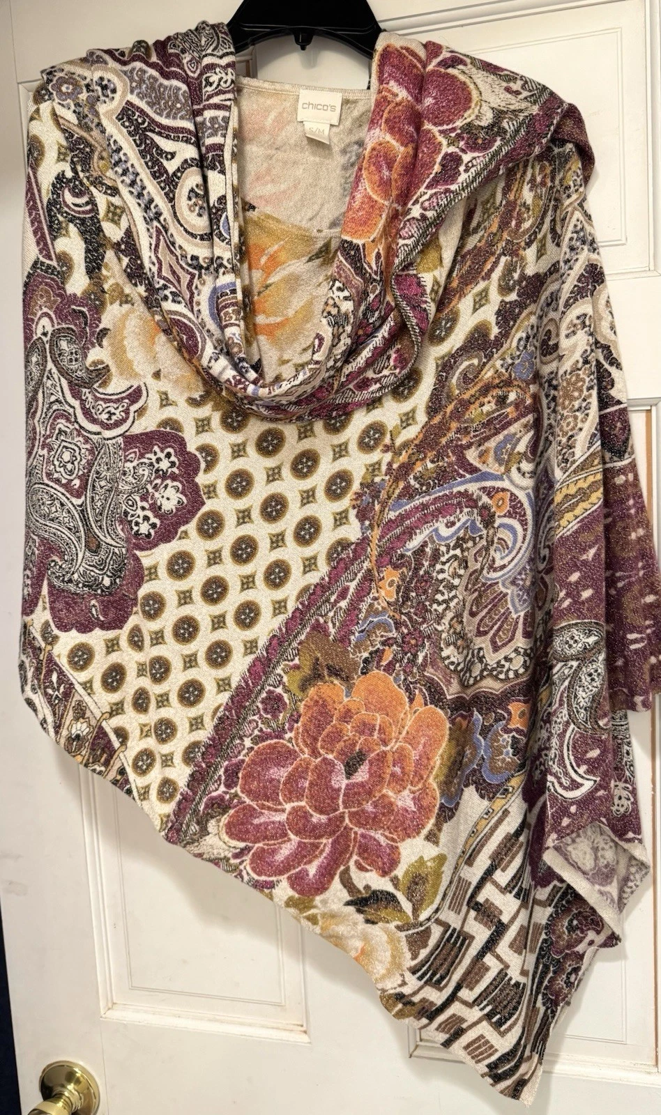 CHICOS FLORAL PAISLEY PONCHO SWEATER & INFINITY SCARF SZ S/M ASYMMETRIC METALLIC