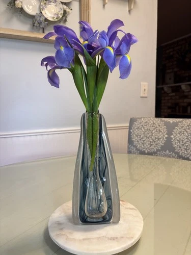 Vintage 60’s Czech Jizerske Sklo Union, Blue & Clear Frosty Art Glass Vase 10”