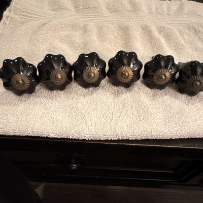 Hobby Lobby Set of 6 Black Glossy Ceramic Metal Flower Cabinet Knobs