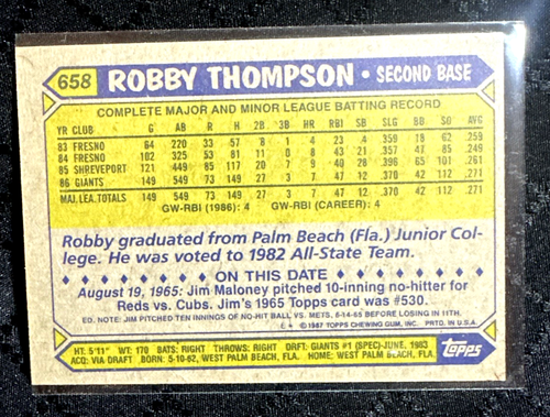 1987 Topps Robby Thompson Giants #658 - Picture 2 of 2
