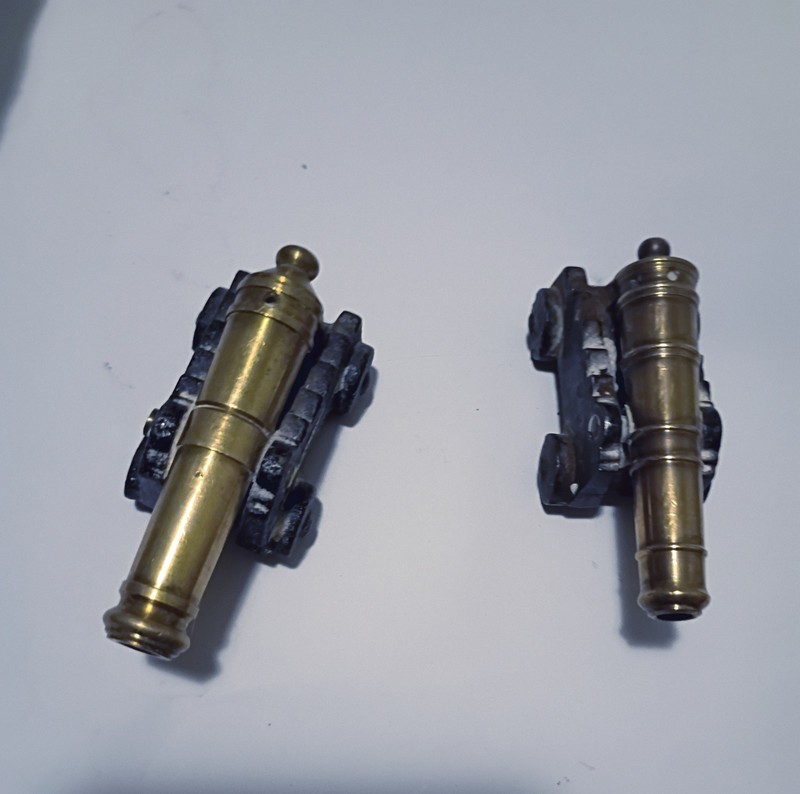 Lot of 2 Vintage Cast Iron Toy Military Cannons with Brass Barrels