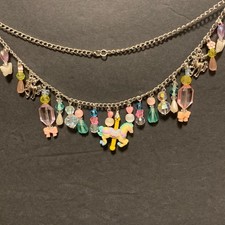 Handmade Beaded Necklace Carousel Pony Pink Blue Yellow Bow Coquette Iridescent