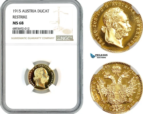 AK876, Austria, Franz Joseph, Restrike 1 Ducat 1915, Vienna Mint, Gold, NGC MS68