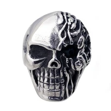 Seven Seas Pirates Black Steel Enameled Flaming Skull Ring - Size 8 to 13 R176