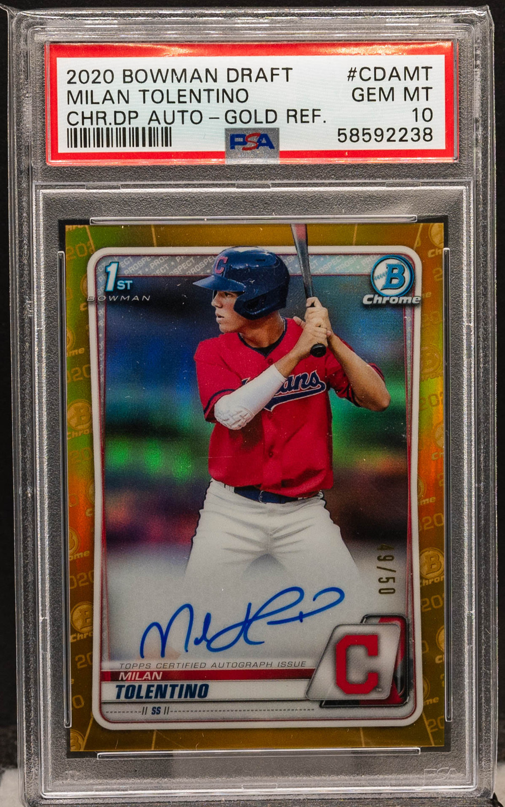 2238 Milan Tolentino 2020 Bowman Chrome Gold Refractor 9/50 RC Auto PSA 10