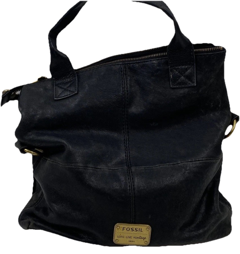 FOSSIL Modern Cargo Black Leather Zip Pocket Tote Handbag