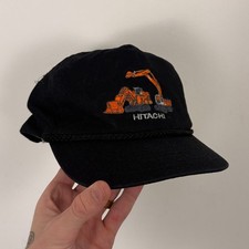 Vintage 90s Hitachi Bulldozer Crane Construction Equipment Snapback Hat Black