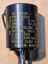 Globe Motors 200VAC Motor, 10K RPM, 3P, 400HZ PN 75A344, NSN 6105007596330, NOS.