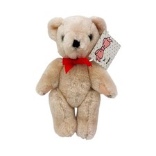 Vintage 8.5 in. Fully-Jointed Beige Teddy Bear Plush w/ Tags  Red Ribbon Bow