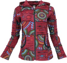 Goa Patchwork Jacke, Boho Kapuzenjacke, Ethno Jacke - weinrot/blau
