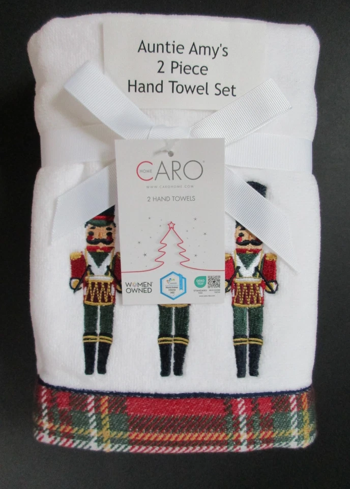CARO Hand Towels 2PC Set Christmas Soldier Drummer White + Red Green Plaid Trim - Image 2 of 4