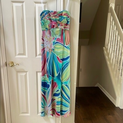 David Meister Colorful print strapless Maxi Dress/gown, sz 6