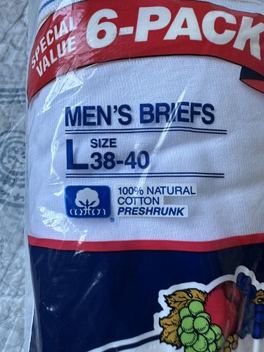 Vintage 1989 Fruit of the Loom Men's White Briefs 6 Pack Size Large 38-49 New - Picture 2 of 6