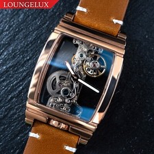 Mens Rose Gold Manual Mechanical Watch LT. Brown Oil Waxed Vintage Leather Strap