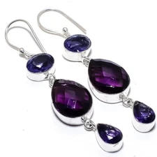 African Amethyst Gemstone Handmade 925 Sterling Silver Jewelry Earrings 2.10"