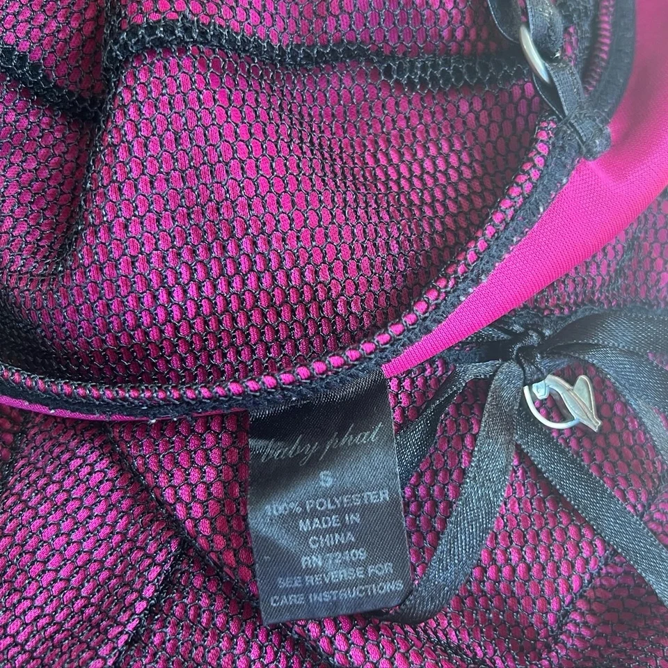 Vintage Baby Phat Pink & Black Mesh Baby Doll Slip Dress Sz S Y2k Bow Tie Slits - Image 2 of 4