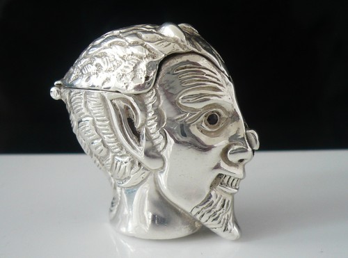 Novelty Sterling Silver Horny Devil Vesta Case, Push Button Nose Release to Open - Picture 7 of 12