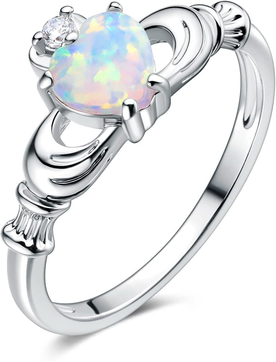 Heart Opal Rings,18K White Gold Plated Heart Fire Opal Promise Ring Friendship B