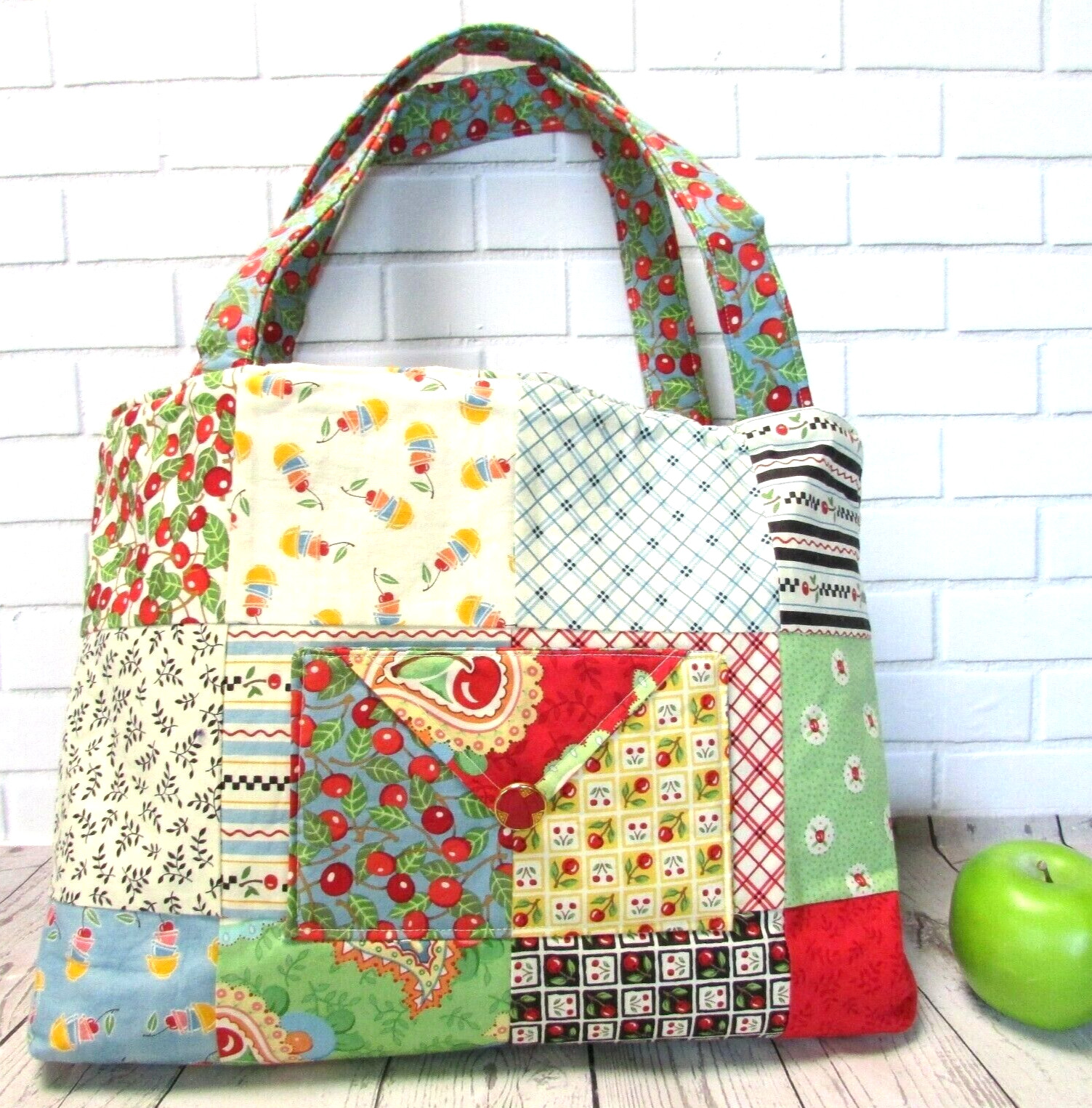 Patchwork Purse Tote Bag CHERRIES Multicolor Cott… - image 1