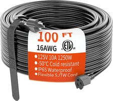 100 FT 16 Gauge Black Indoor Outdoor Extension Cord Waterproof, Flexible Cold We